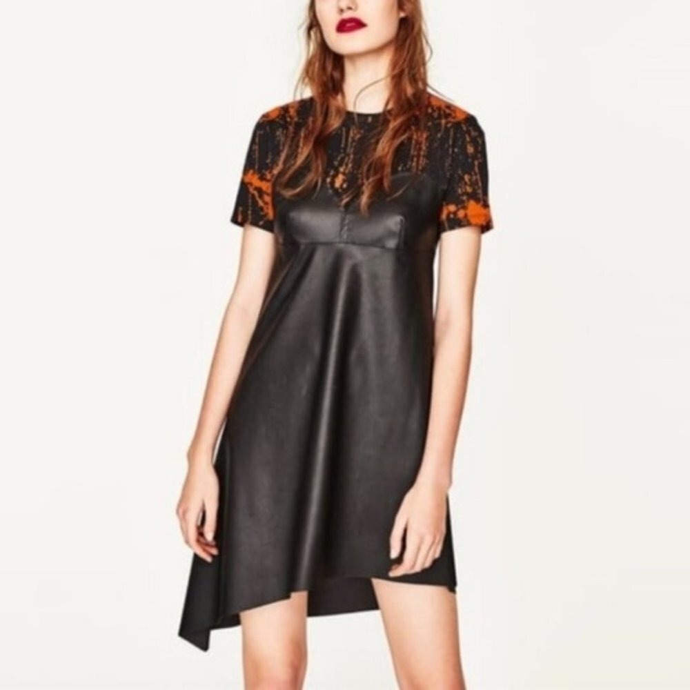 Zara Trafaluc Splatter Faux Leather Urban Chic Edgy Dress Black Orange Women S